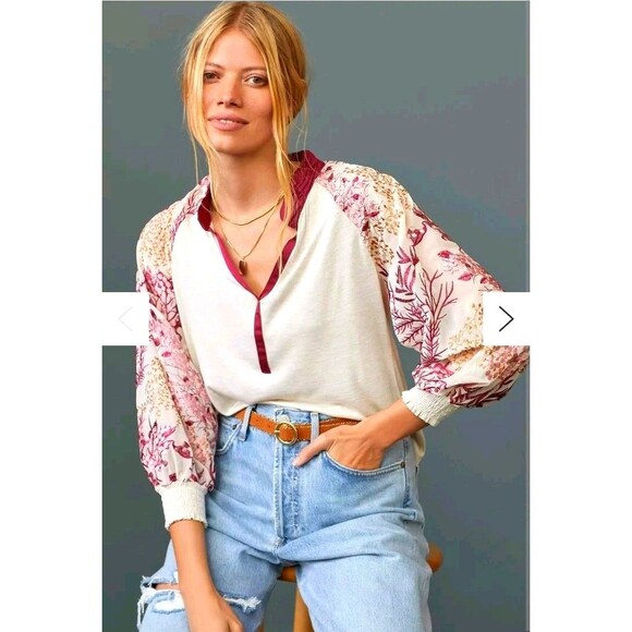 Anthropologie Tops - Anthropologie Tiny Floral Heavily Embroidered Bishop Puff Sleeve Boho Shirt XS